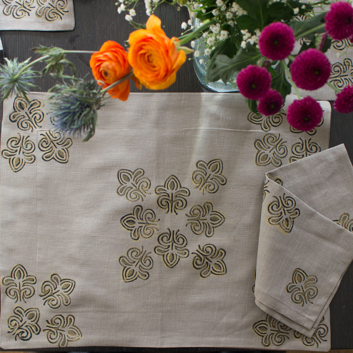 Block Print Taupe Linen Placemat the Gold Pine Cone