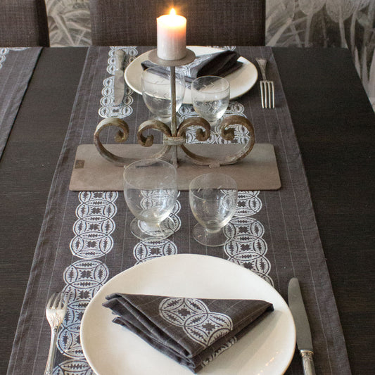 Italian linen block print grey runner