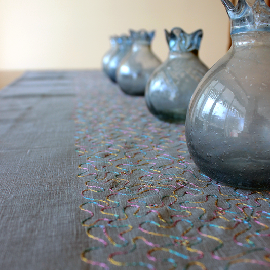 Aghabani Embroidered Table Runner on Blue Linen
