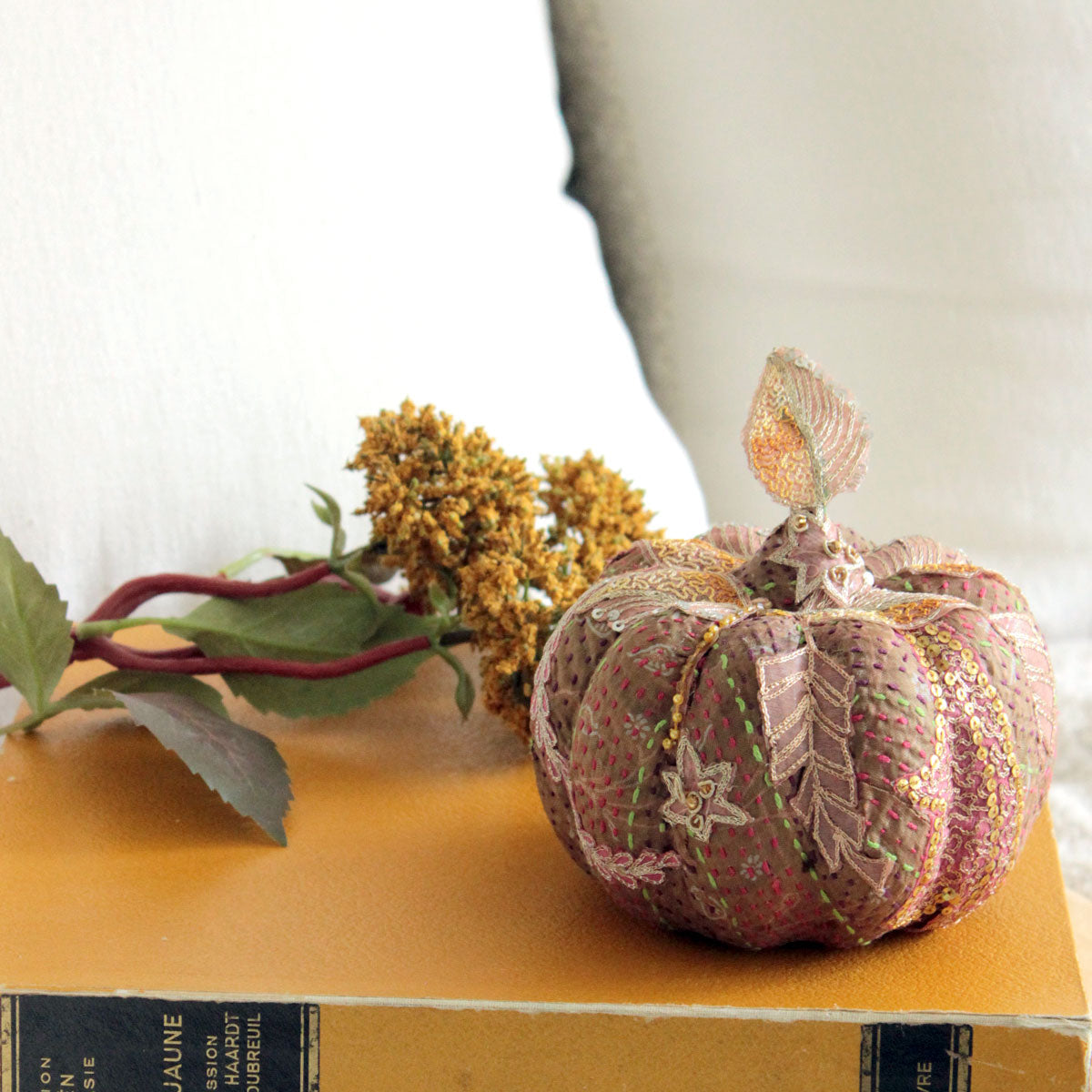 Silk embroidered pumpkin with antique fabric