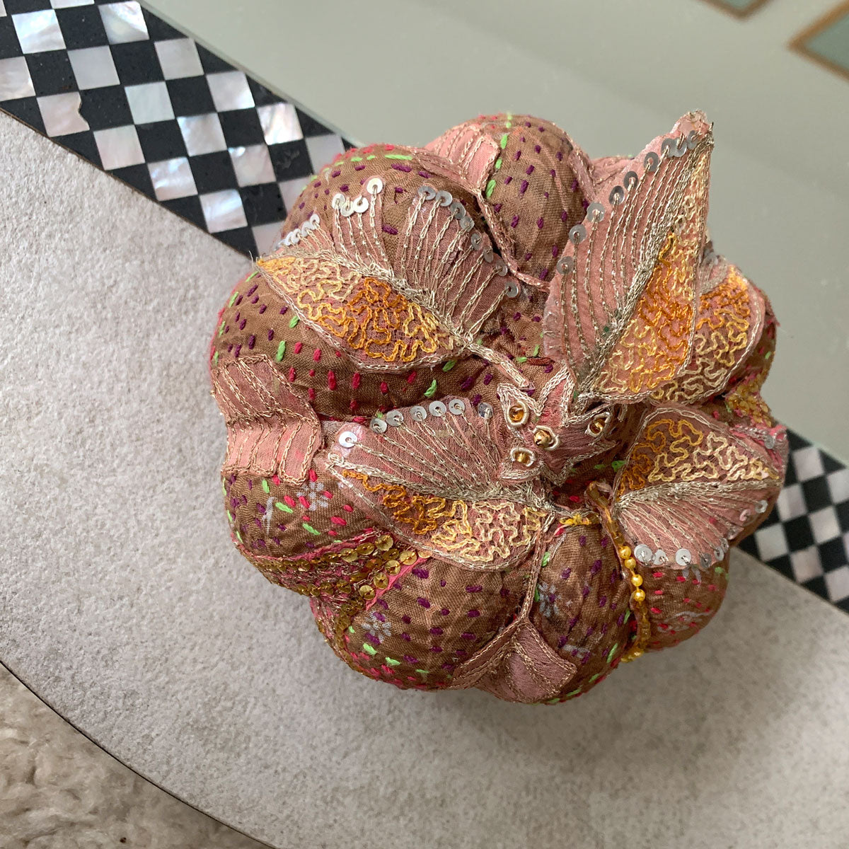 Silk embroidered pumpkin with antique fabric