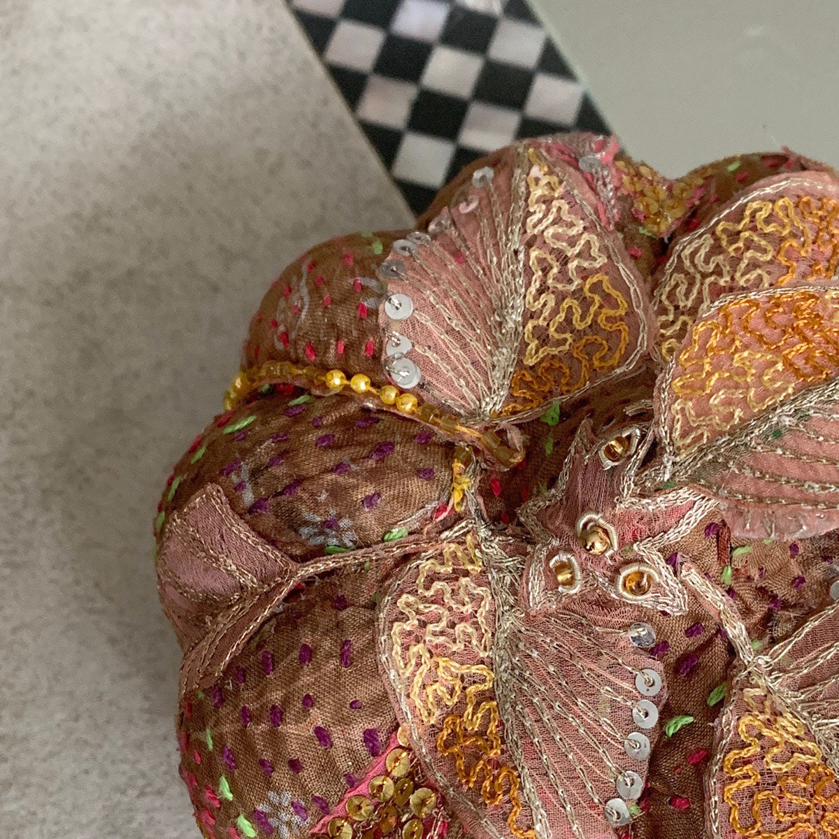 Silk embroidered pumpkin with antique fabric