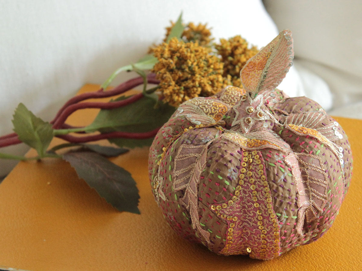 Silk embroidered pumpkin with antique fabric