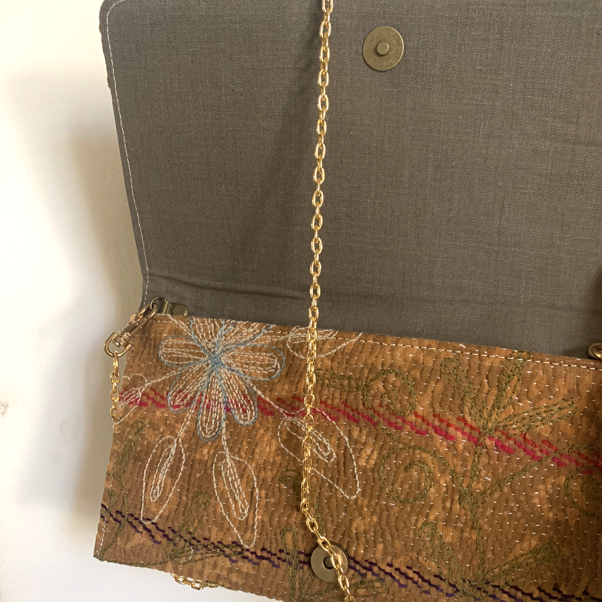 Upcycled Vintage Kantha Clutch with Bordeaux Embroidered Bouquet