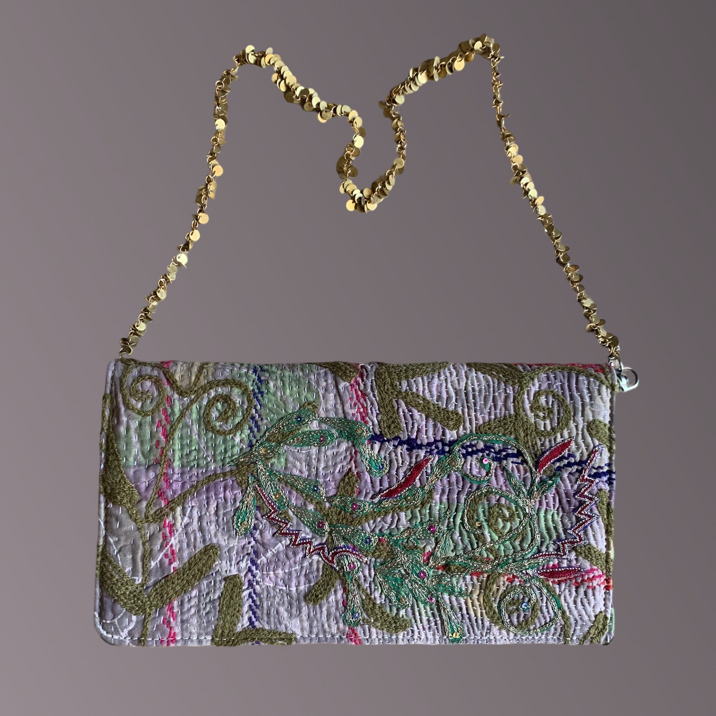 Joyful Vintage Fabric Clutch with Copper Disk Chain