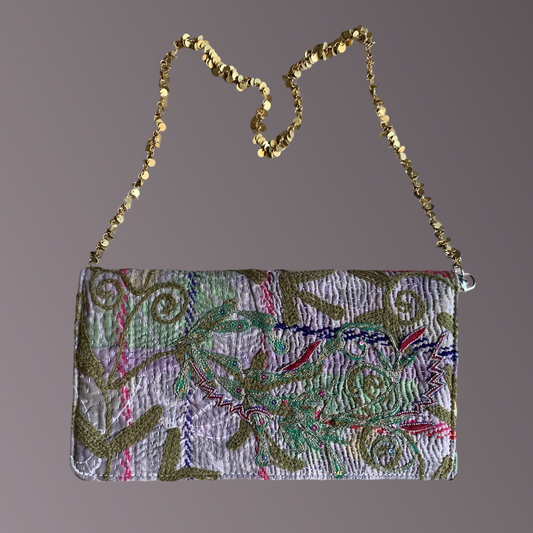 Joyful Vintage Fabric Clutch with Copper Disk Chain