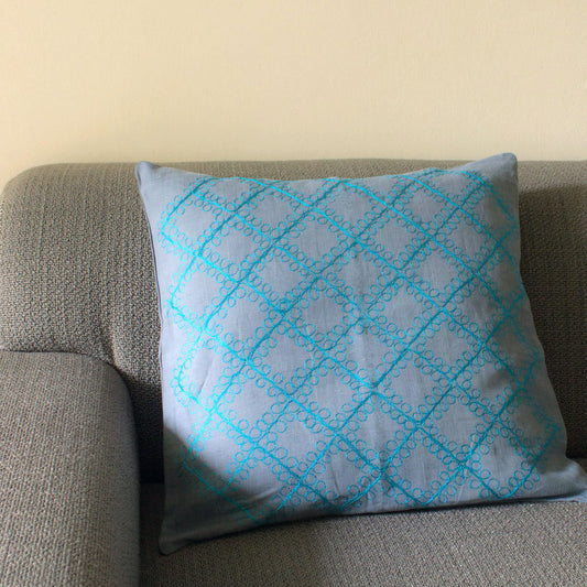 Embroidered linen throw pillow cover Diamond Turquoise or white