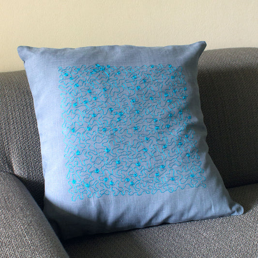 Embroidered linen pillow cover scoubidou turquoise