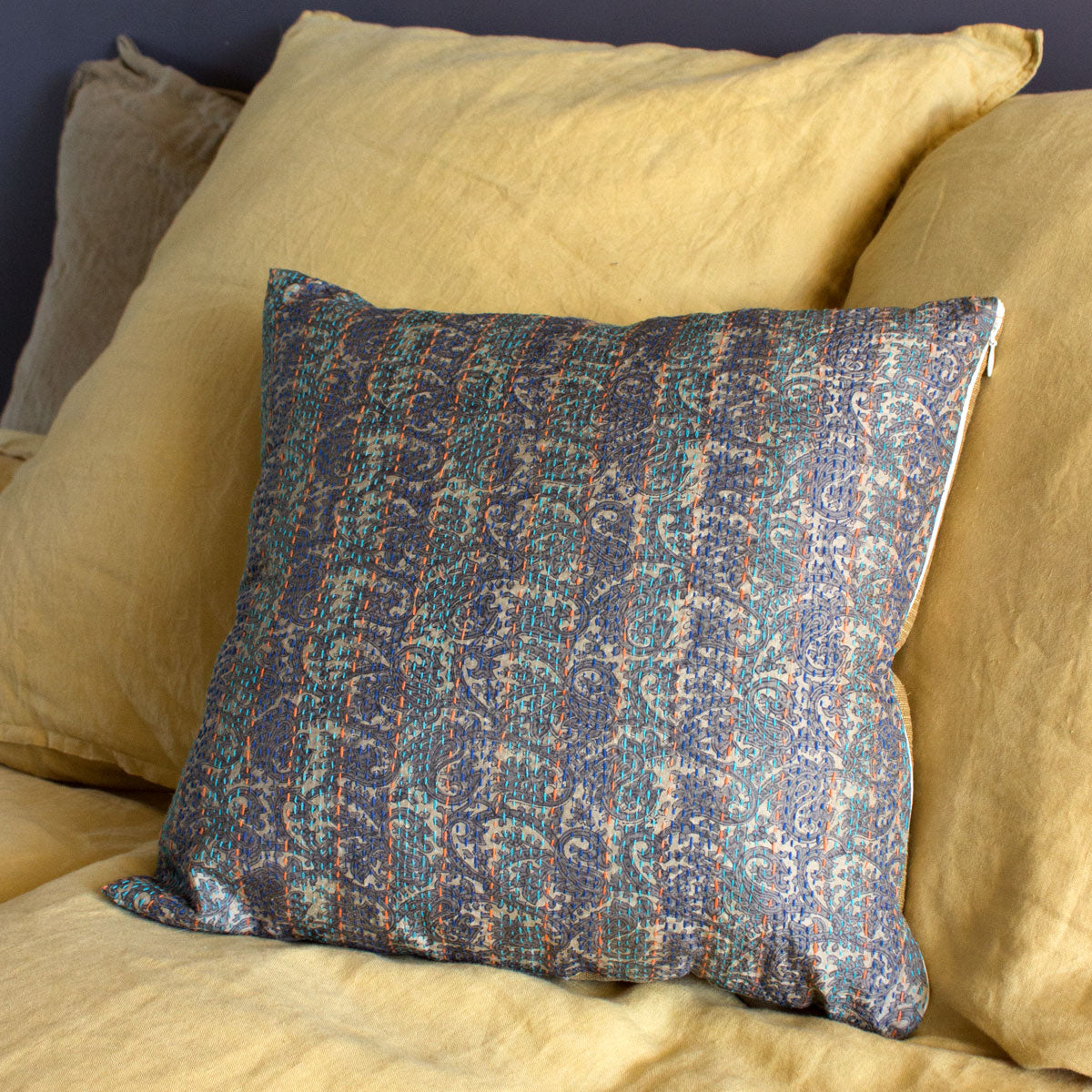 Vintage Kantha and linen square pillow cover