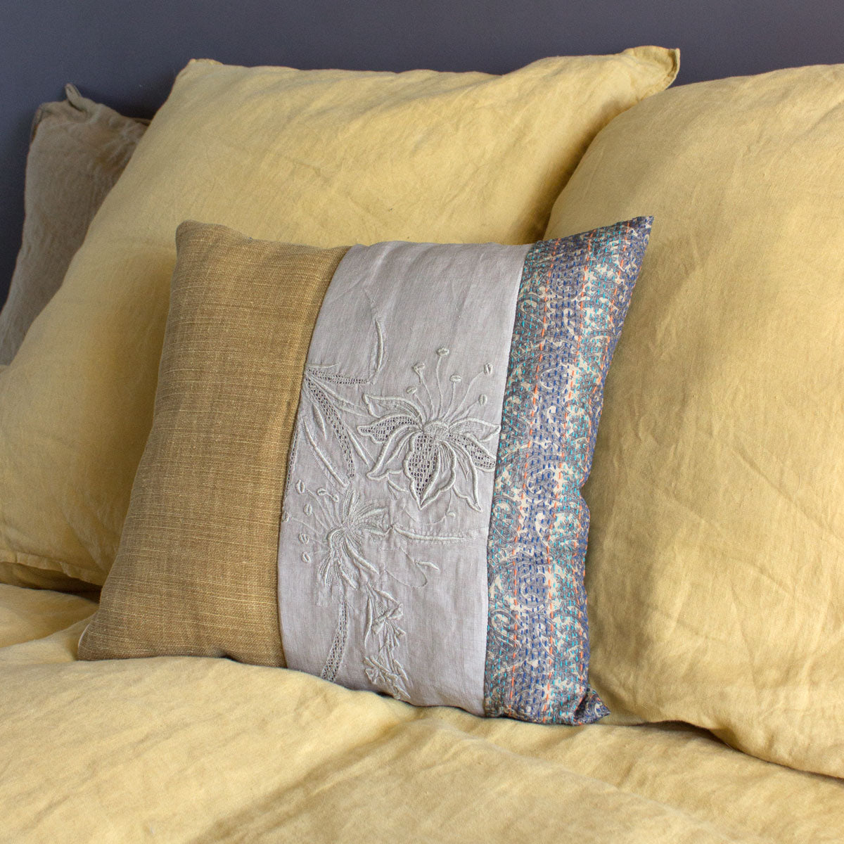 vintage kantha and linen square pillow cover