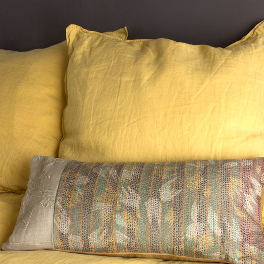Lumbar throw pillow cover with vintage silk & linen