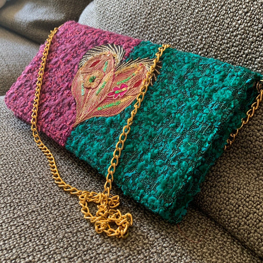 Vintage purple and emerald clutch with embroidered heart