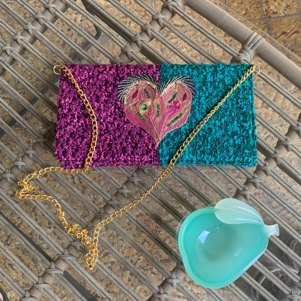 Vintage purple and emerald clutch with embroidered heart