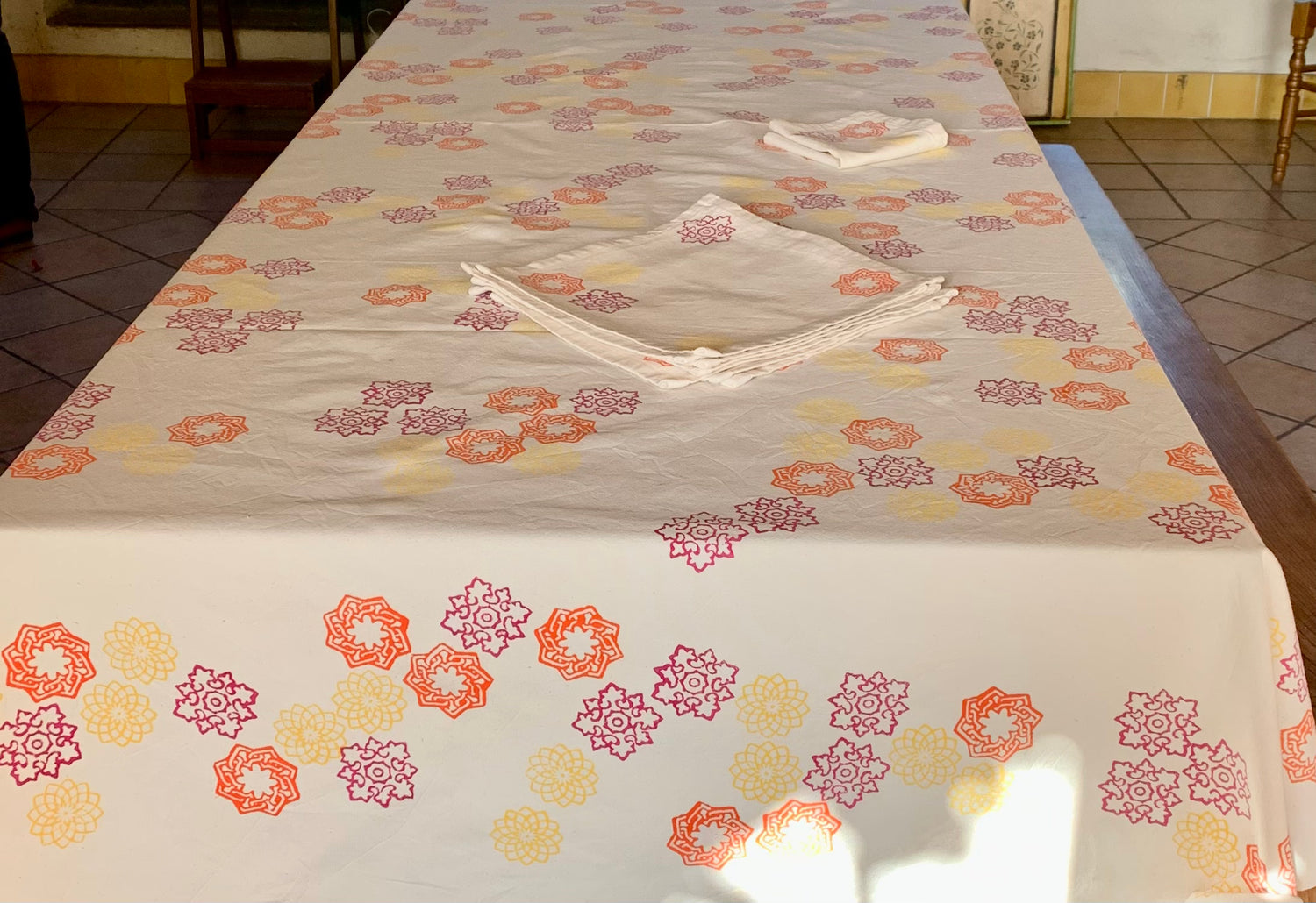 cotton block print tablecloth spring fuchsia