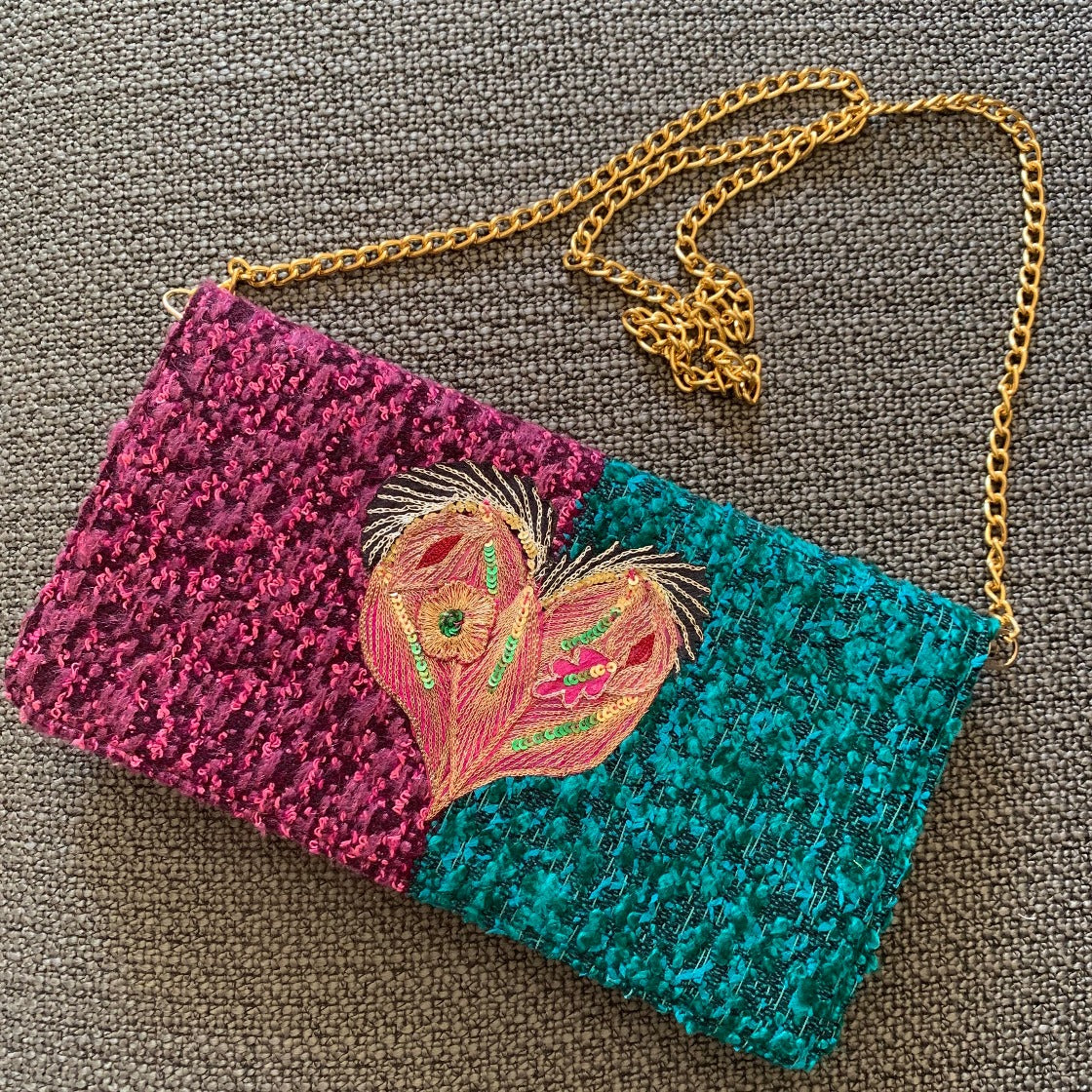 Vintage purple and emerald clutch with embroidered heart