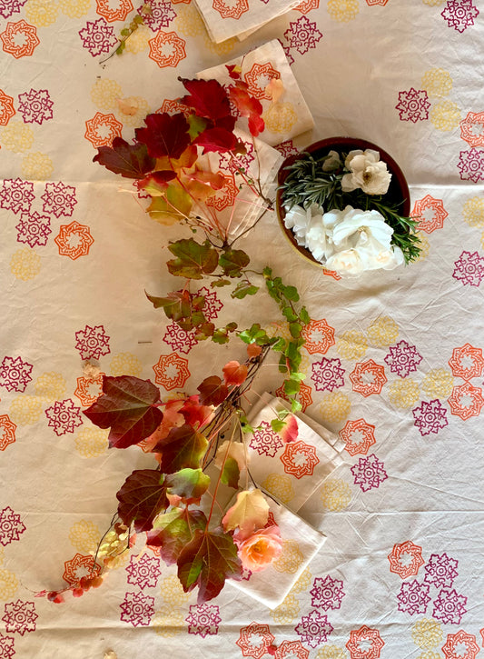 Cotton block print tablecloth Spring Fuchsia