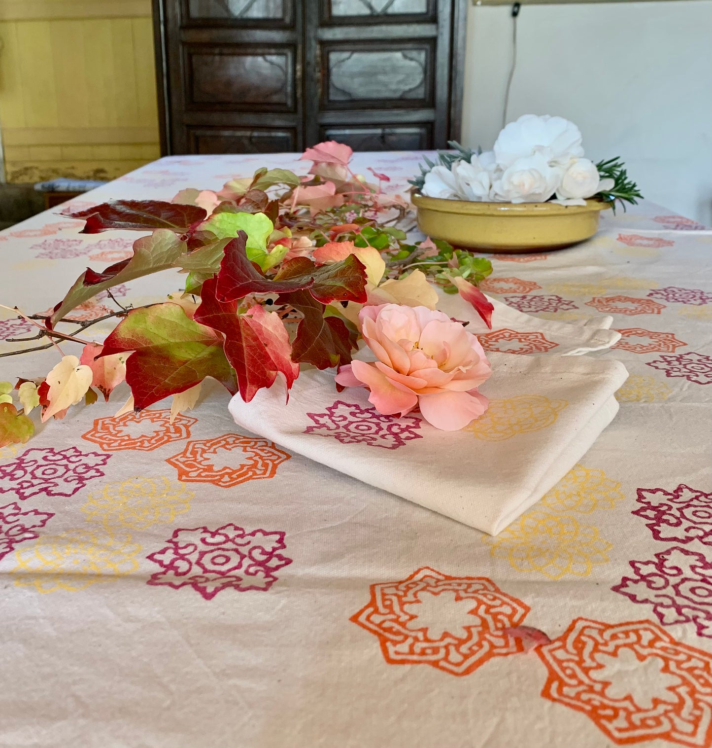 Cotton block print tablecloth Spring Fuchsia