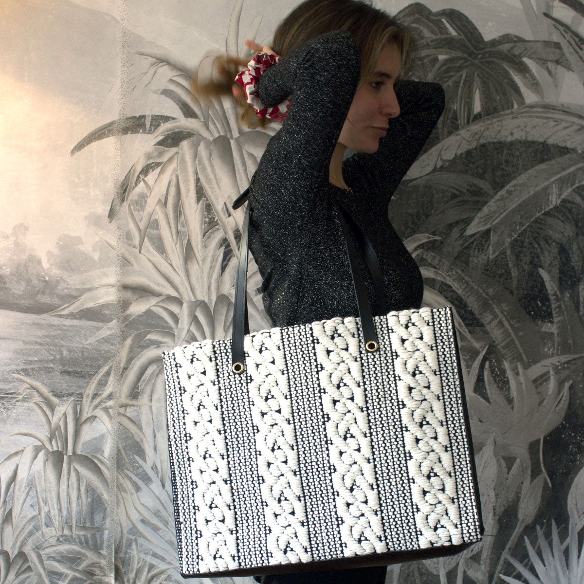 Unique handmade large tote bag black & white Chevrons