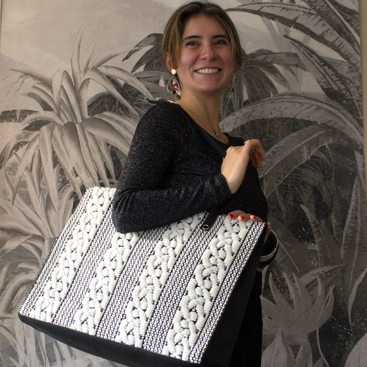 Grand sac fourre-tout unique fait à la main Chevrons noirs et blancs