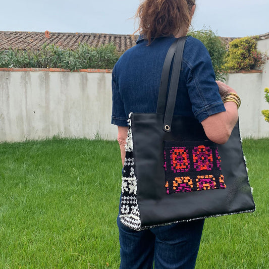 Grand cabas en cuir et tissu Damier