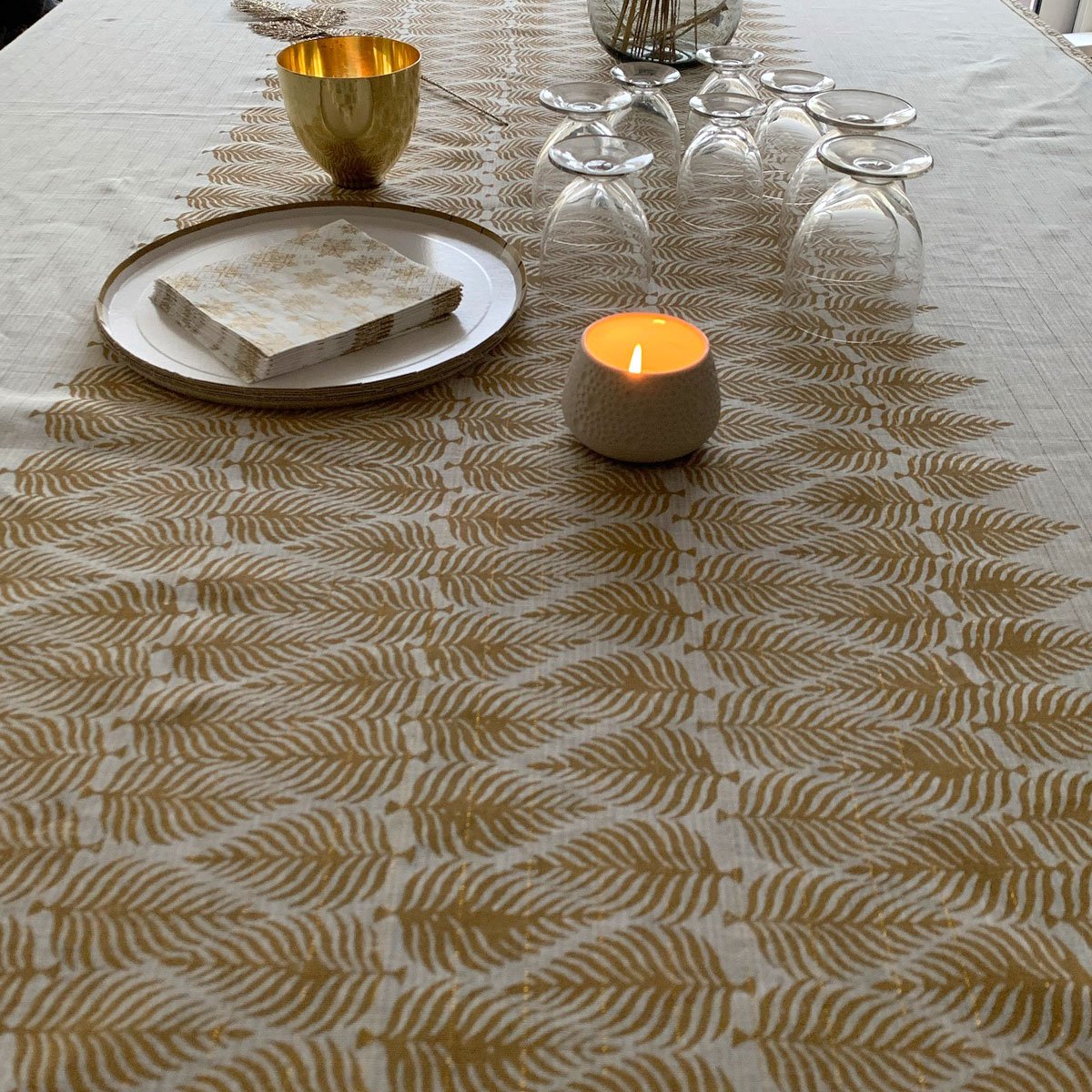 Itlalian linen hand stamped Tablecloth The Gold Line