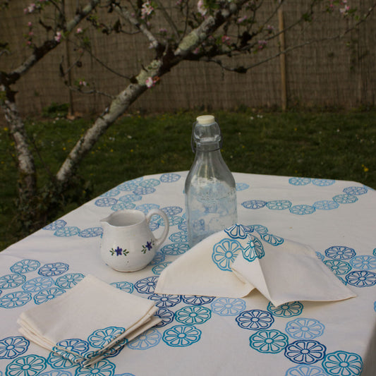 Cotton block print tablecloth blue Lemon