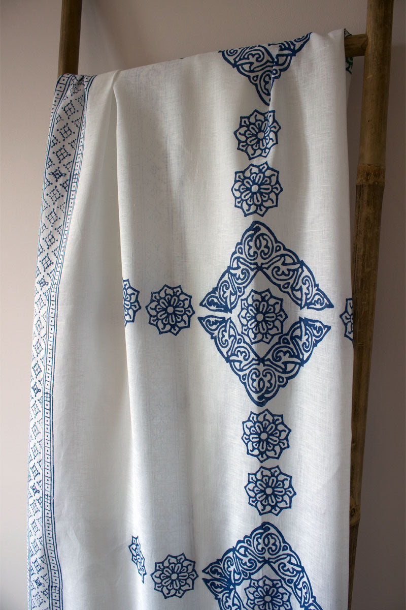 Linen block print tablecloth Cyclades
