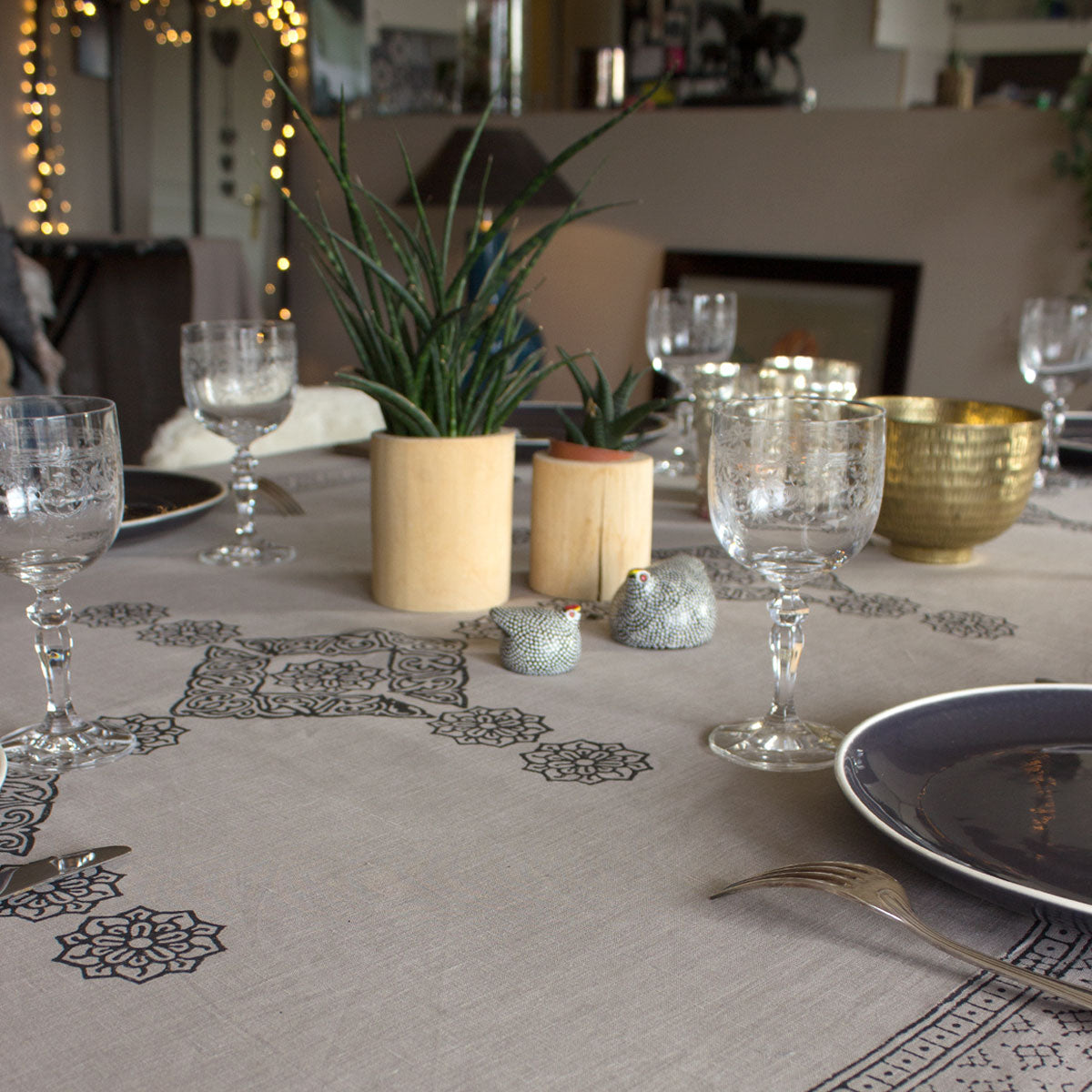 sustainable linen block print tablecloth