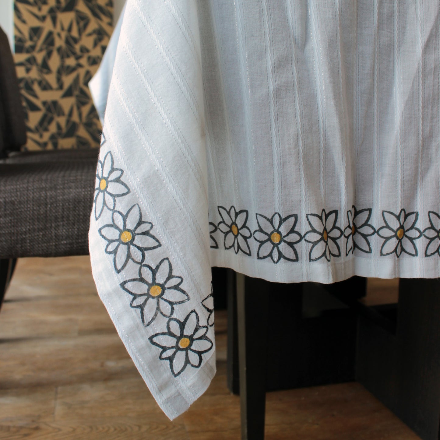 White cotton block-print tablecloth Paquerette