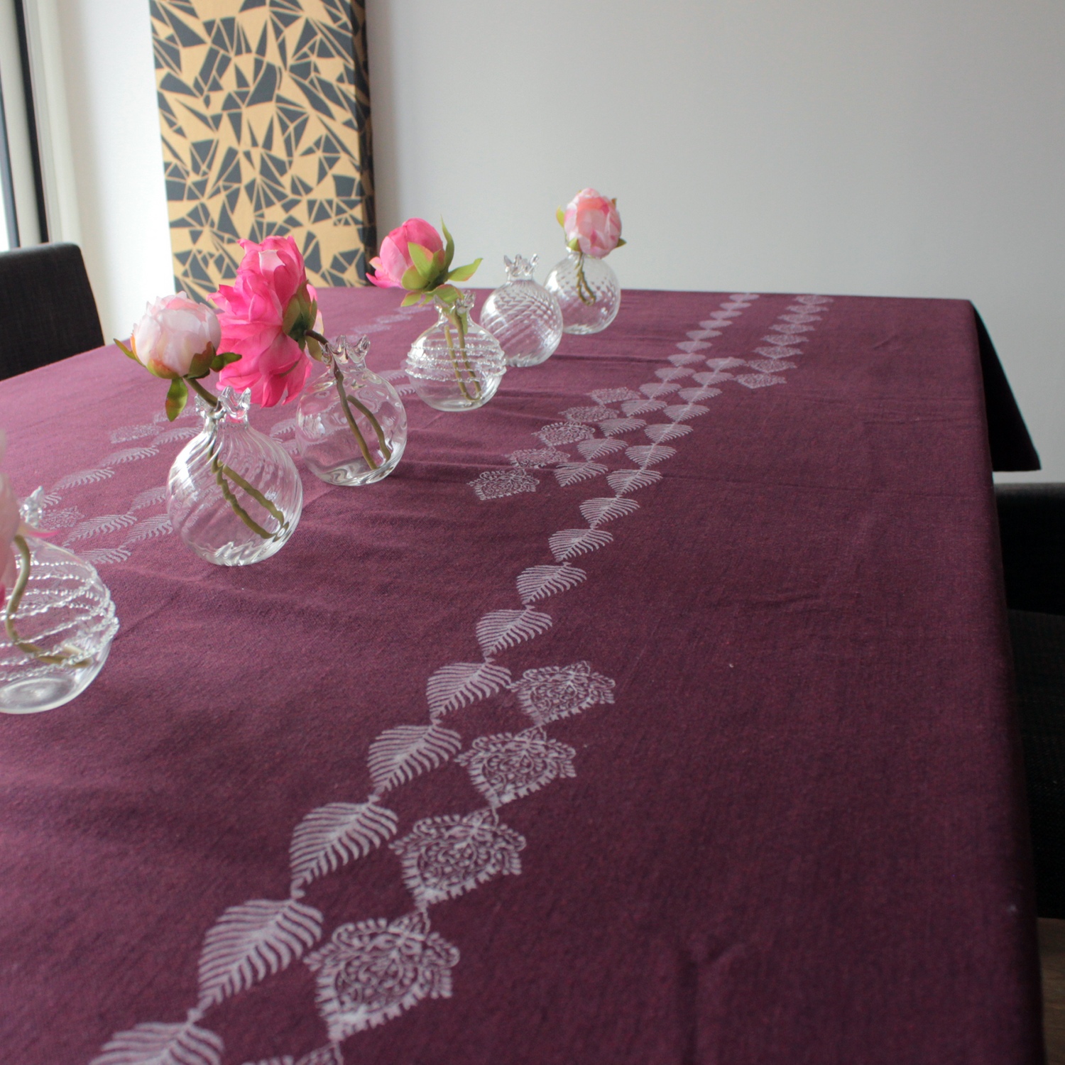 Eco-Friendly Eggplant Linen Block Print Tablecloth for Sustainable Dining
