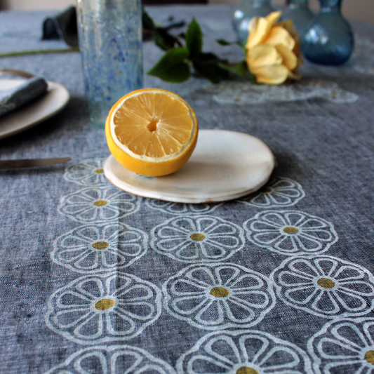 Blue Jean Block Printed Linen Tablecloth.