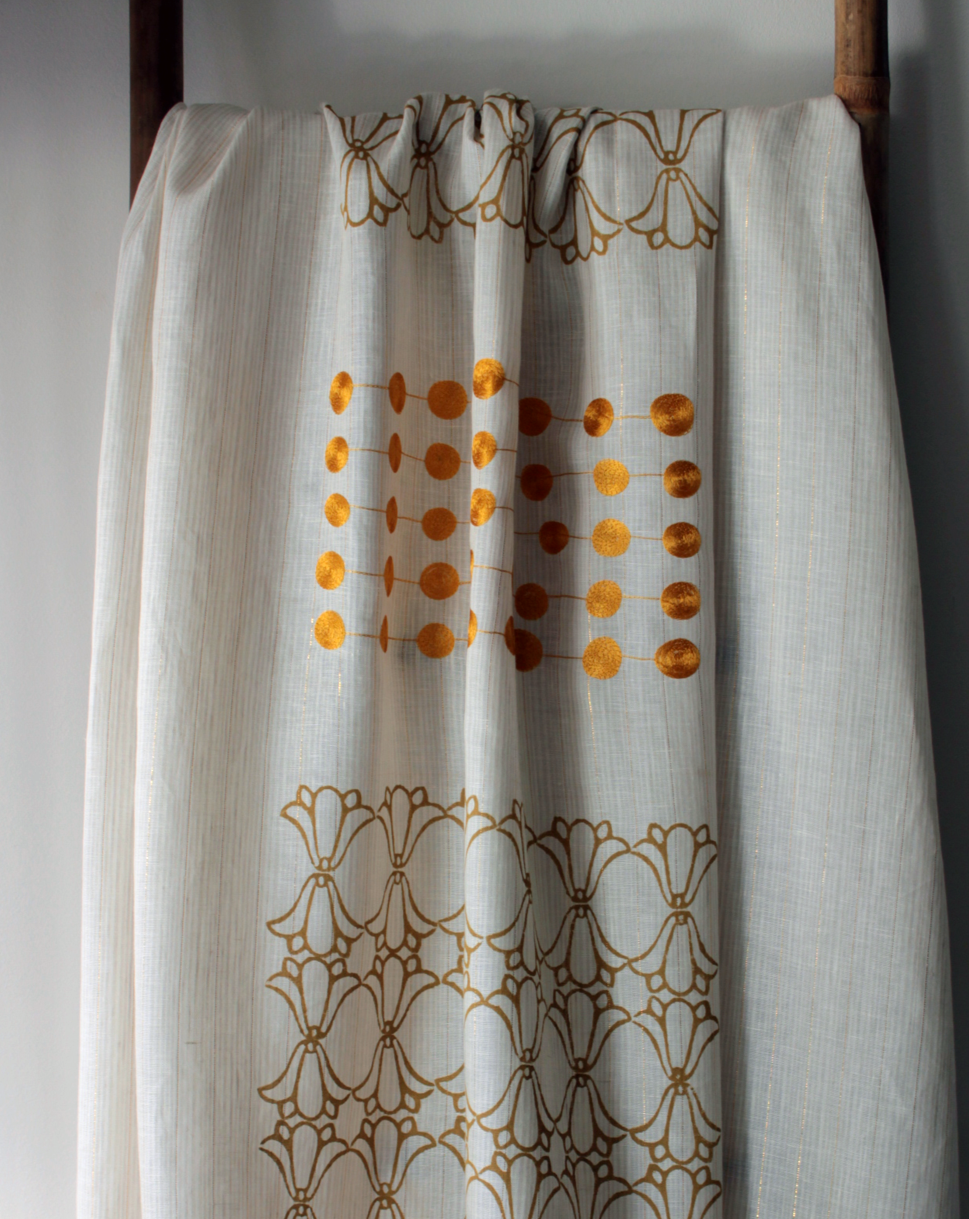 Striped Beige Linen Tablecloth with Block Printing and Embroidery for Elegant Dinner Parties