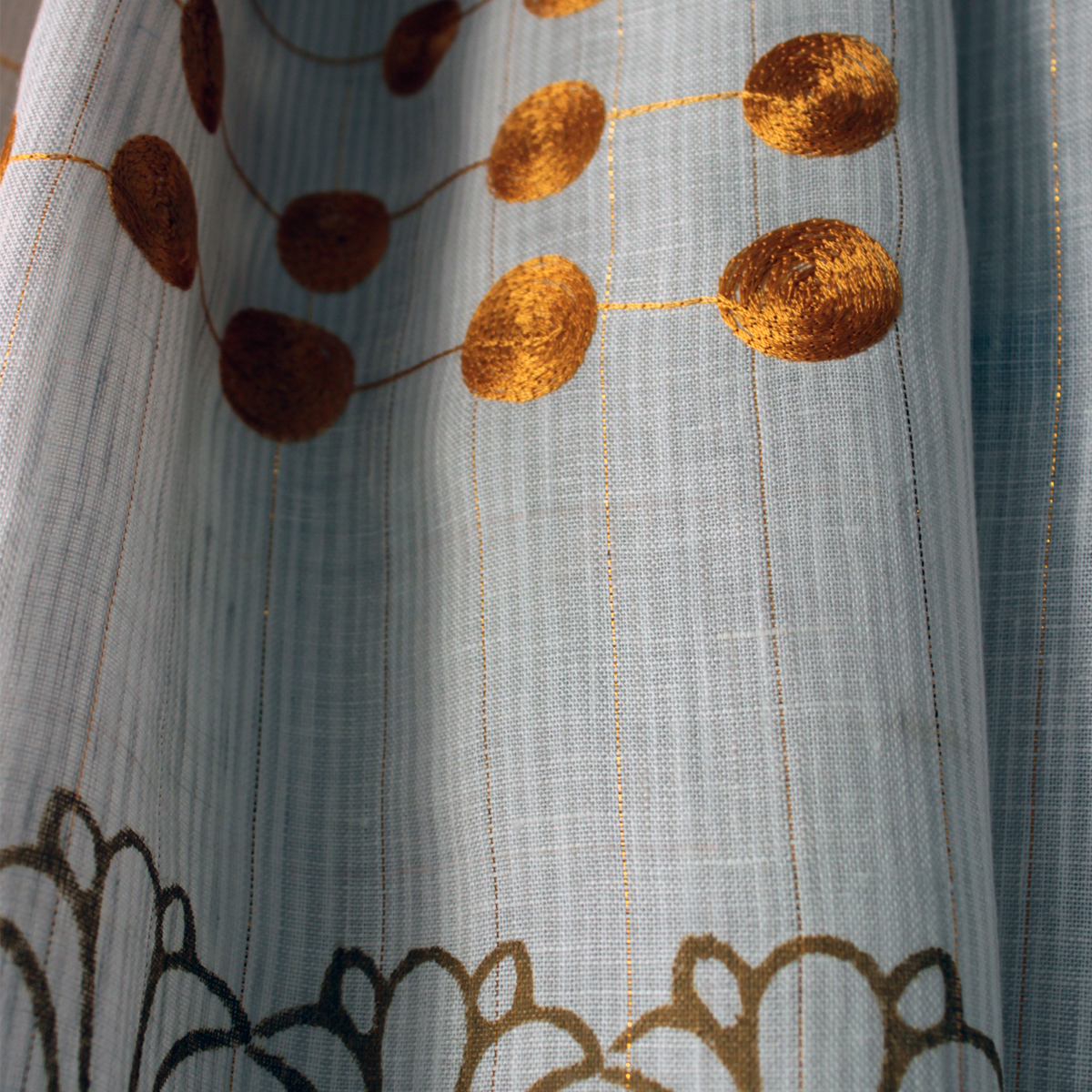 Striped Beige Linen Tablecloth with Block Printing and Embroidery