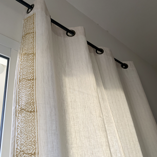 Handmade Block Print Linen Curtains: Ochre Graphic Design on Italian Linen
