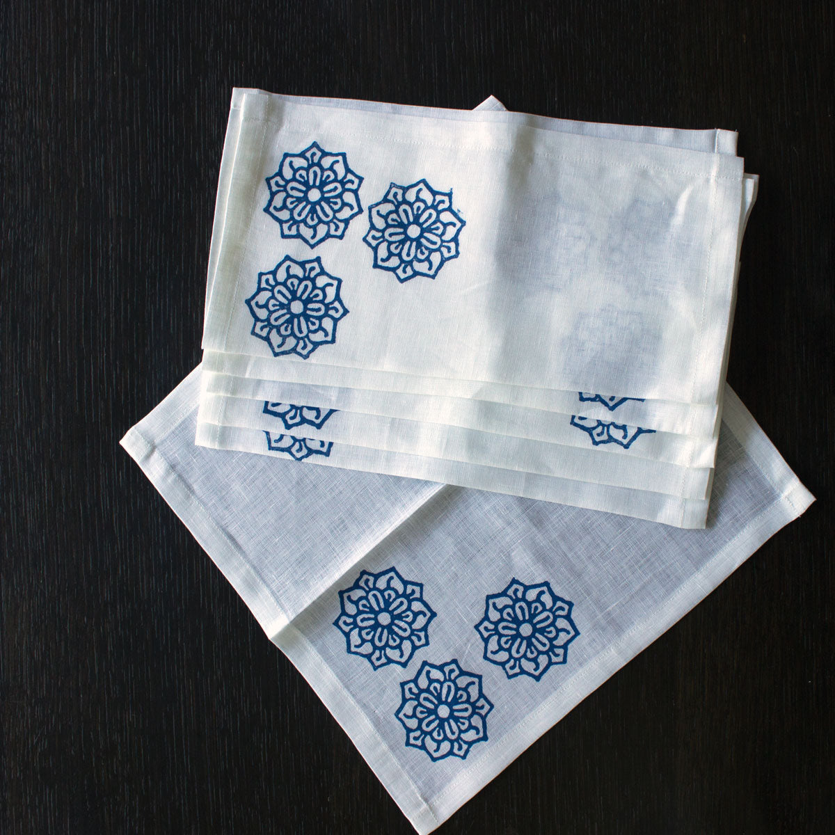 White and blue block print linen napkins Cyclades