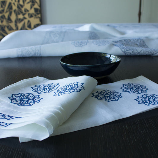 White and blue block print linen napkins Cyclades