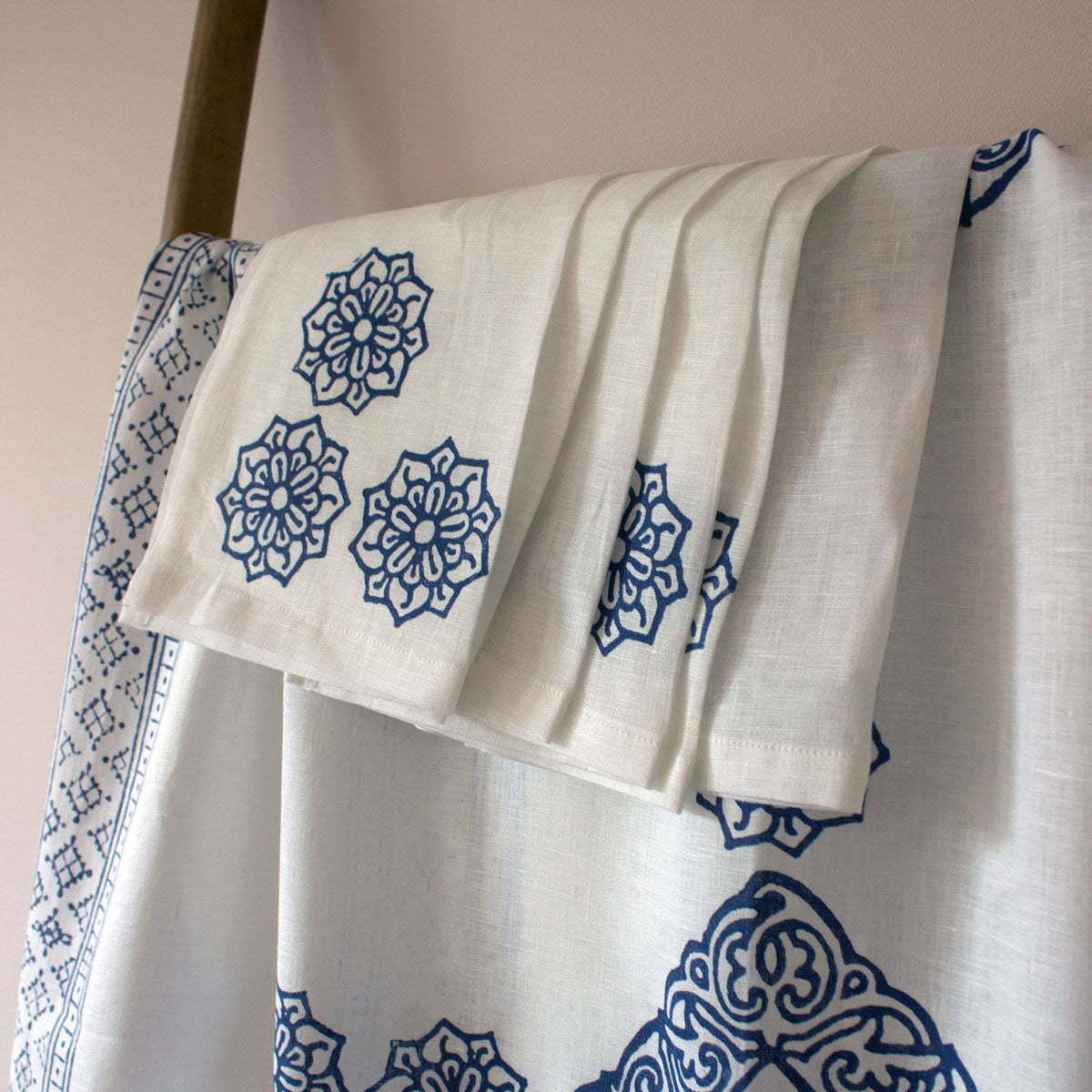 white and blue block print linen napkins