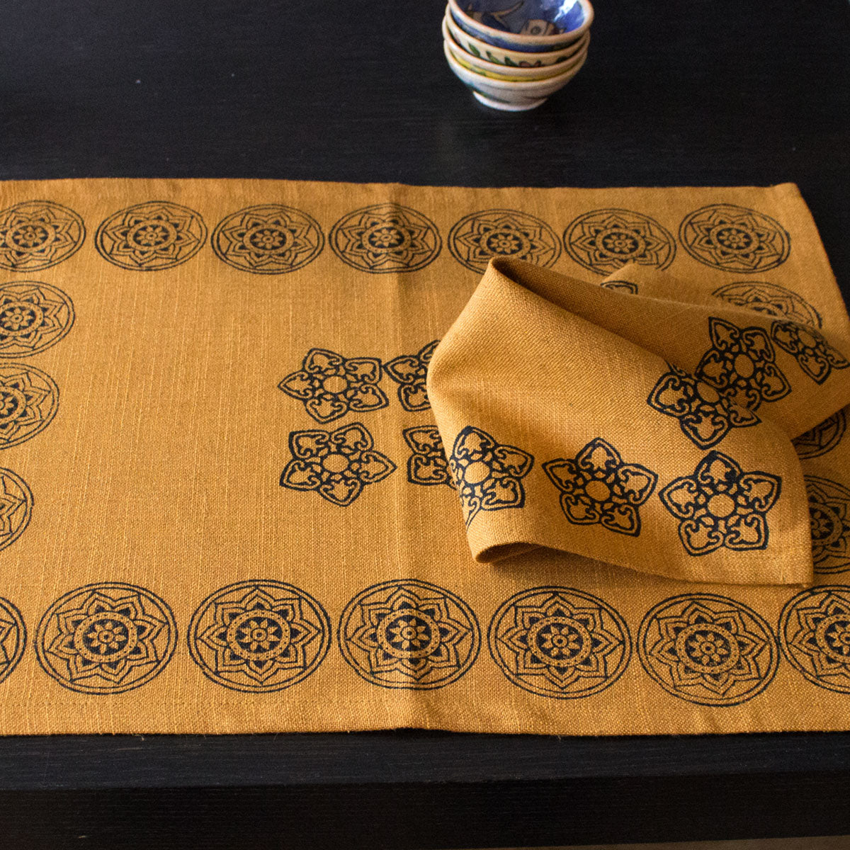 Mustard Block Print Linen Napkins