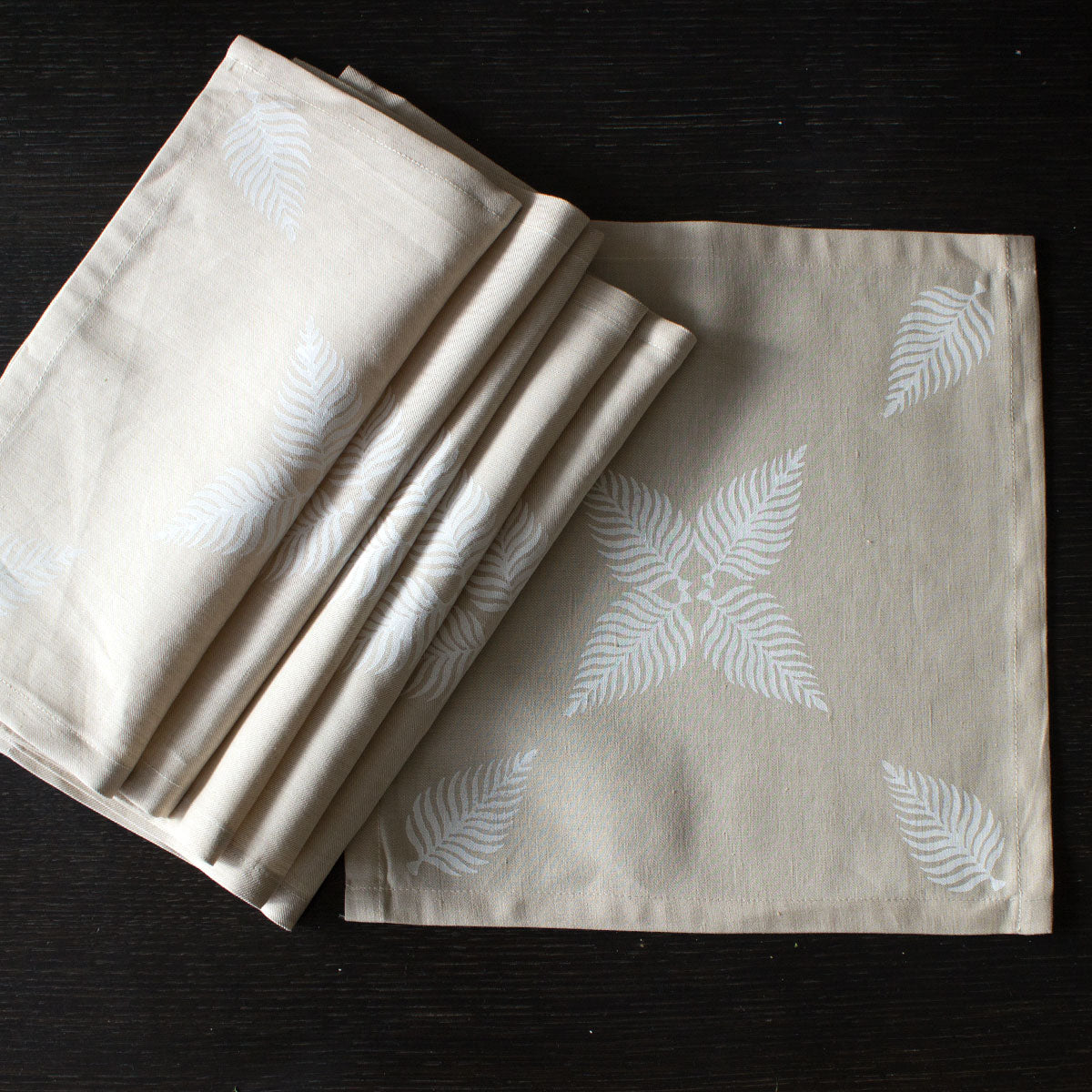 Beige linen block print cloth napkins leaves