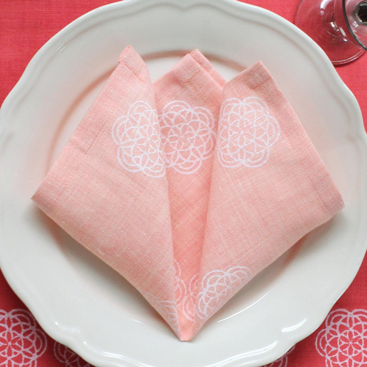 block print salmon linen napkins