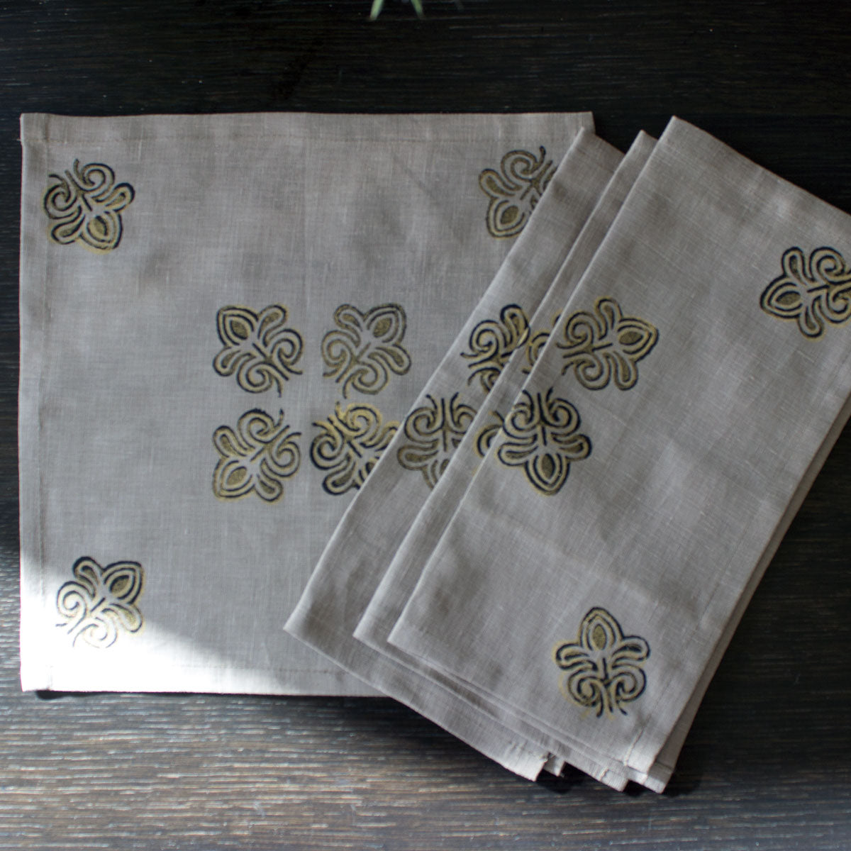 Block print linen napkins, Gold Pine Cone