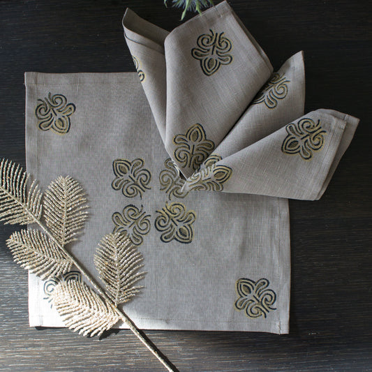 Block print linen napkins, Gold Pine Cone