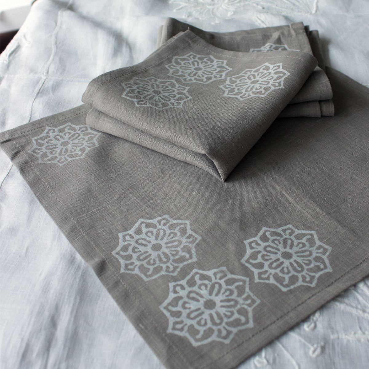 Block print cloth napkins in beige linen