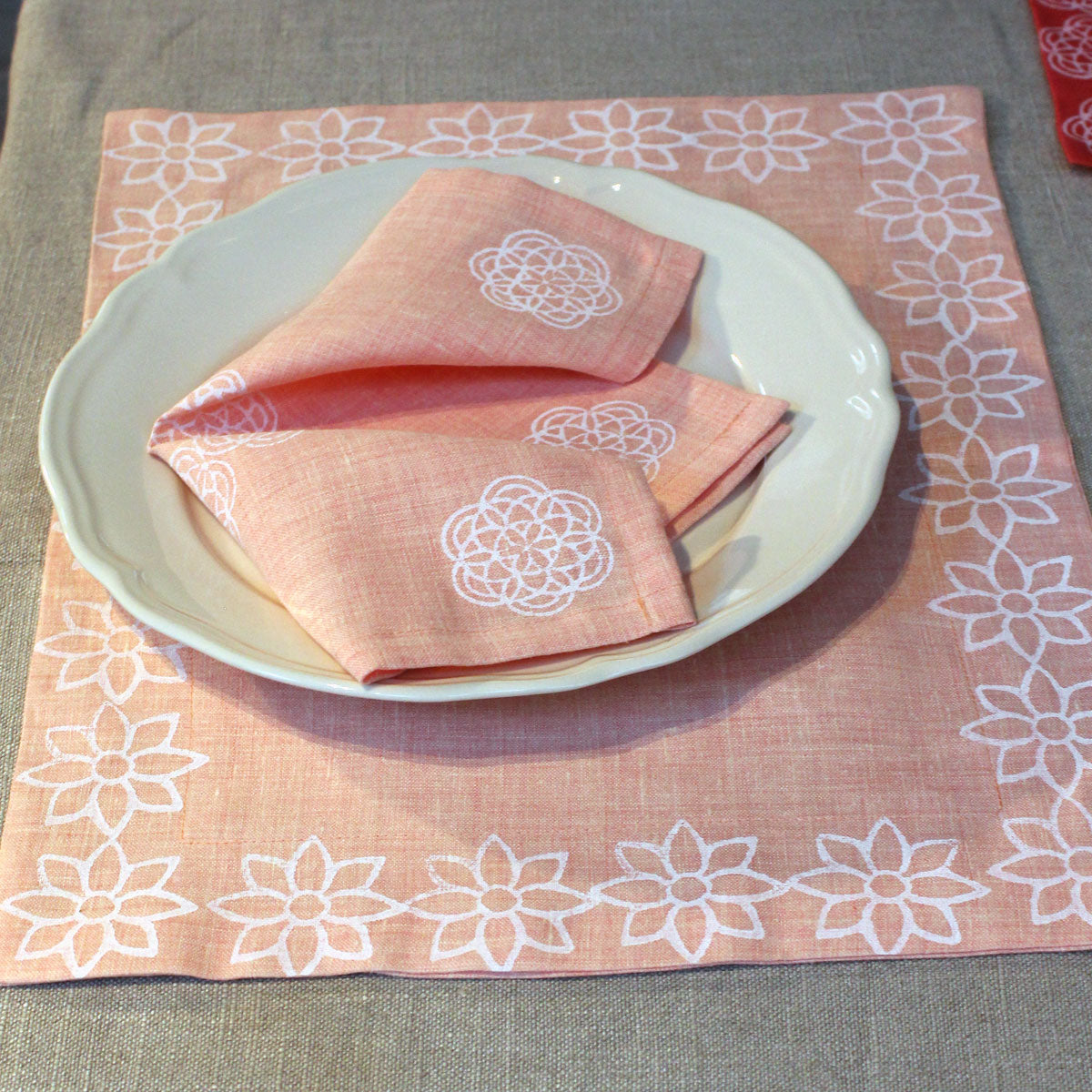 Block print salmon linen napkins
