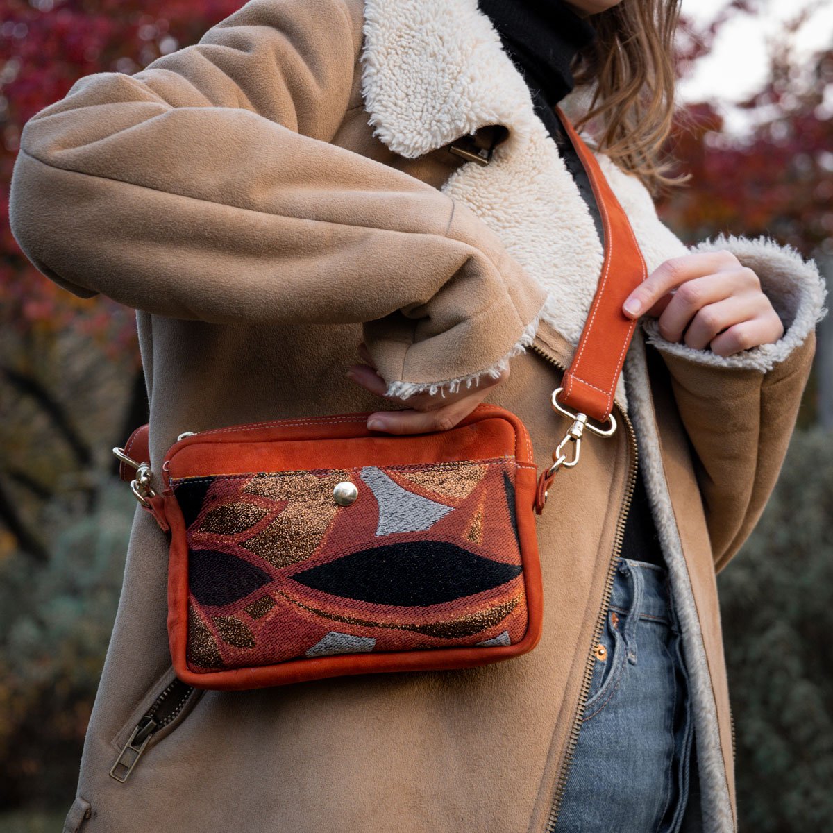 unique crossbody suede and fabric purse